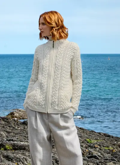 Clodagh Zip Aran Cardigan in Natural